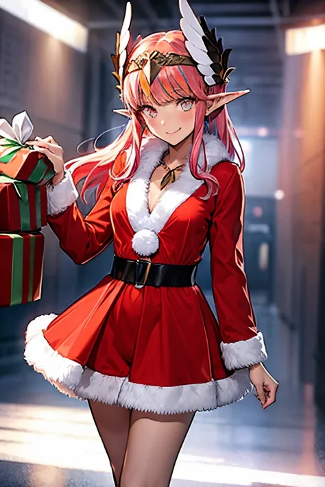 {Circe_FGO:1.15}, pointed_Ears, Pink_hair, Head_Wings, Wings, fringe, feathered_Wings, Long_hair, jewel, smile, small breasts, , blush, small_breasts, multicolored_eye, 1girl, bracelet, looking_at_viewer, , tiara,santa klaus costume, red santa claus hat, s...