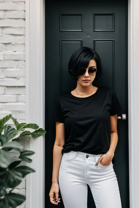 real girl, short hair, black hair, in front of a door, has black eyes, wearing white basic t-shirt, black jeans,