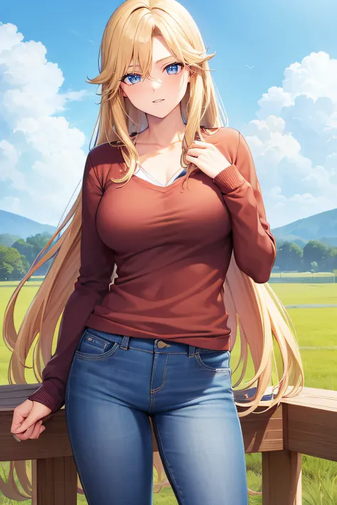 ((High quality, good eyes, good hands)), female, farmer, long blonde hair, (blue eyes), tall, athletic, large chest, jeans, shirt