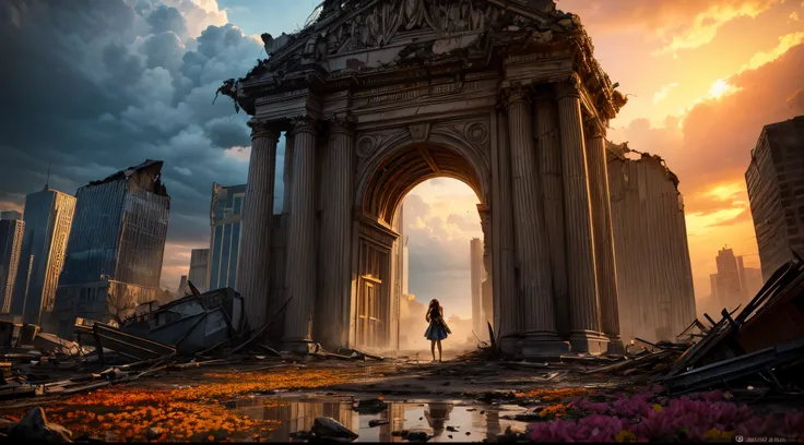 "Photograph, golden hour, lone girl in the aftermath, vibrant flowers defiantly blooming, shattered ruins, dramatic cloudscape, ((contrasts of survival)), rule of thirds, emotional devastation"