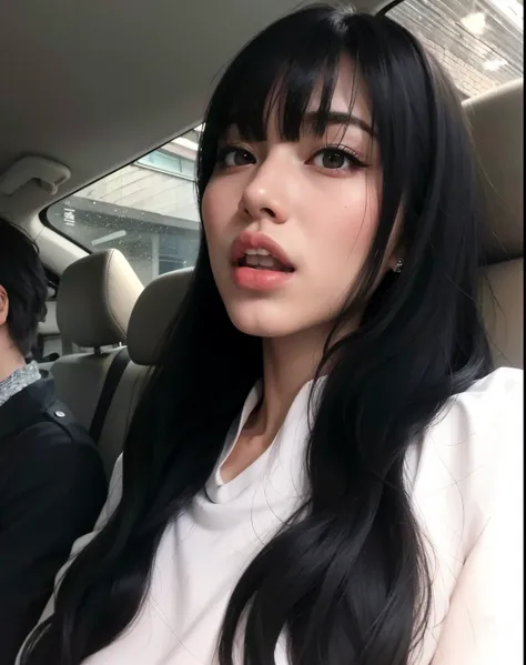 mulher araffe com cabelo preto longo sentado em um carro, Ulzzang, 19-year-old girl, Ela tem cabelo preto com franja, linda Delphine, Yoshitomo Nara, menina coreana, Lalisa Manobal, Xintong Chen, Yanjun Chengt, Sakimichan, Franja reta longa