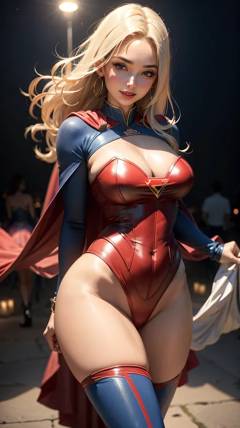 Supergirl, 18 anos, Mulher bonita cabelo loiro curto,corpo definido, (MILF), seios grandes, seios grandes, seios grandes,Red lipstick,sorrindo levemente,hands free,Desfilando, vestindo Corselet azul com liga Supergirl,calcinha fio dental vermelha,7/8 meia ...