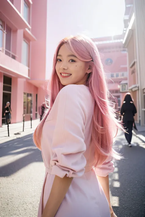 (extra detailed body、extra detailed face、best qualtiy:1.2)、femele、from behind、(A pink-haired、Lunette de soleil、17 age、a smile、Flashy clothes)、(Pink architecture on background:1.4)、Midjourney Worldview