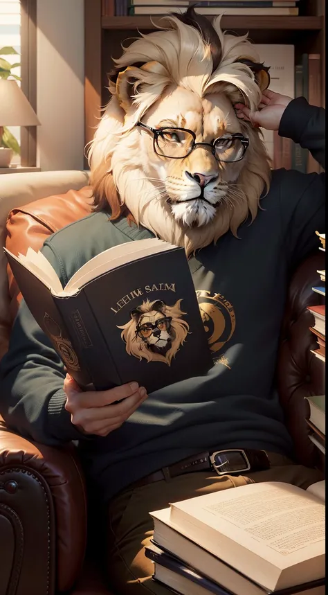 minimalist lion logo with glasses and a book in front of his face, como se ele estivesse lendo um livro