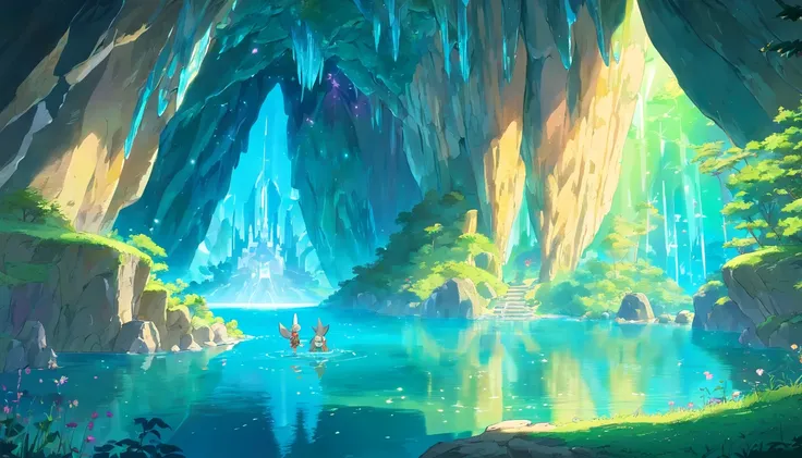 underground cave, luminous rainbow crystals, lake, cute bats, ((expedition))