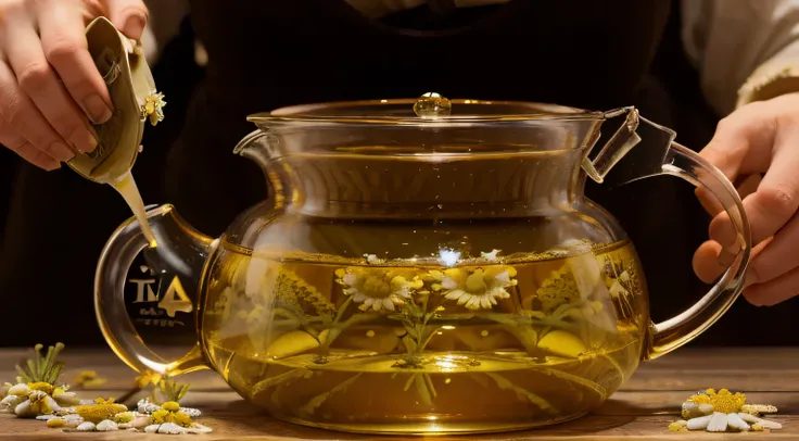 Imagem de (((Chamomile tea))), being poured into cups by a teapot, showing some ingredients of what it is made of, I really want clarity with every possible detail in this image.