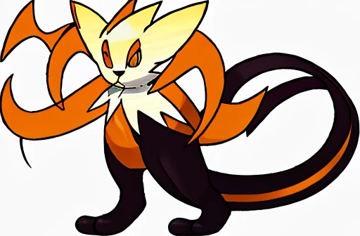 White male cat with orange ears and orange tail in the style of an electric pokemon.