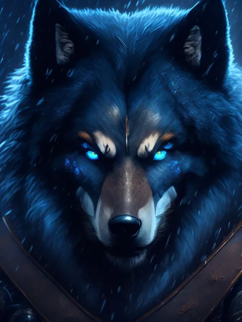 Great Musculity Black Wolf Warrior,wearing metallic and leather battle armour,upper half of chest and face , in left side of screen,Artstation illustrators, intricate details, Detailed face,bright blue colour eyes, looking at viewer ,dim light, illustratio...