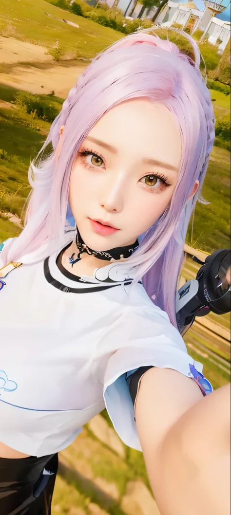 a close up of a person with a camera and a cell phone, <mmorpgs scene, korean mmo, from the azur lane videogame, korean mmorpg, kanliu666, trending at cgstation, ahegao face, live2d virtual youtuber model, pink twintail hair and cyan eyes, belle delphine