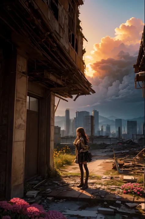 "Photograph, golden hour, lone girl in the aftermath, vibrant flowers defiantly blooming, shattered ruins, dramatic cloudscape, ((contrasts of survival)), rule of thirds, emotional devastation"