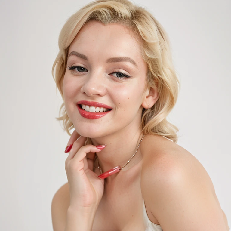 Marilyn Monroe makeup photo quality on a white background laughs and takes a selfie