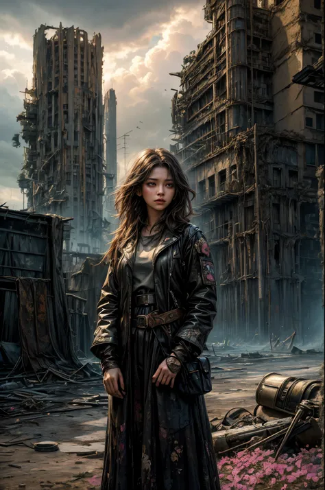 "Oil painting, ((resilient)) girl standing amidst nuclear wasteland ruins, delicate flowers emerging from the desolation, ominous clouds casting shadows, ((haunting beauty)), post-apocalyptic masterpiece"