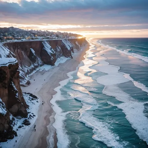 Snow in Malibu California. Have people skiing on the beach and Pacific Coast Highway covered in ice. Don’t put the highway next to the ocean, rather set back on a cliff.