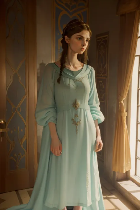 1136, Earlcastle, England. otherworldly scene in a luxurious medieval castle, ((((16-year-old)) Alexandra Daddario)), prisoner, scared ((terrified)), ((((tunic gown from the 12th century)))), ((Hairstyle of the 12th century)), ((Wes Anderson cinematic styl...