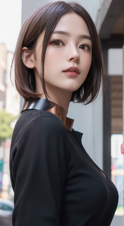 Photorealistic, masutepiece, Best Quality, Raw photo, 1girl in, Solo, Handsome shorthair, copper colored hair、Detailed face, alluring face, Black shirt with collar, medium breasts, Dynamic Pose, Looking at Viewer, From below, Detailed background, fine deta...