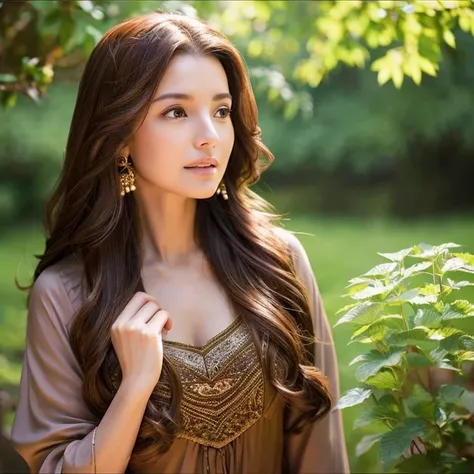 Age around 40 years old、fortune teller、brown haired、Longhaire、brown-eyed、light skinned、The background is nature、front facing、Dress、There is a mysterious atmosphere、