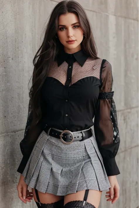 1 womens skirt, gray and white, with a plaid pattern. She has a black belt with a silver buckle. Her skirt reaches to the middle of her thighs, revealing her legs covered in black mesh stockings.
black blouse with perforated details. The details that she h...