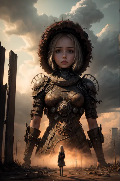 "Oil painting, ((resilient)) girl standing amidst nuclear wasteland ruins, delicate flowers emerging from the desolation, ominous clouds casting shadows, ((haunting beauty)), post-apocalyptic masterpiece"