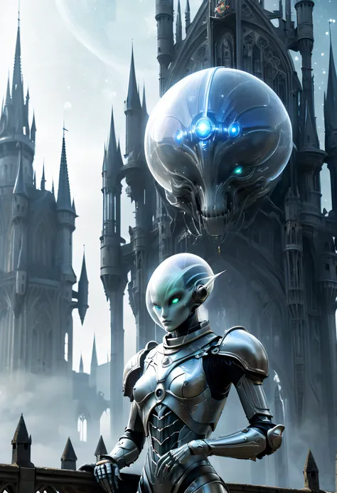 Translucent ethereal alien warrior,In the background is a huge high-tech mobile Gothic castle，a space station,Medieval style building