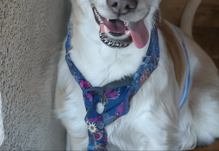 hay un perro sentado en el suelo con una correa, happily smiling at the camera, con la lengua afuera, Linda Shepherd  pelo blanco y corto, orejas marrones, y una mancha marron en su cara, with a happy expression, She is very happy., una guapa, feliz con la...