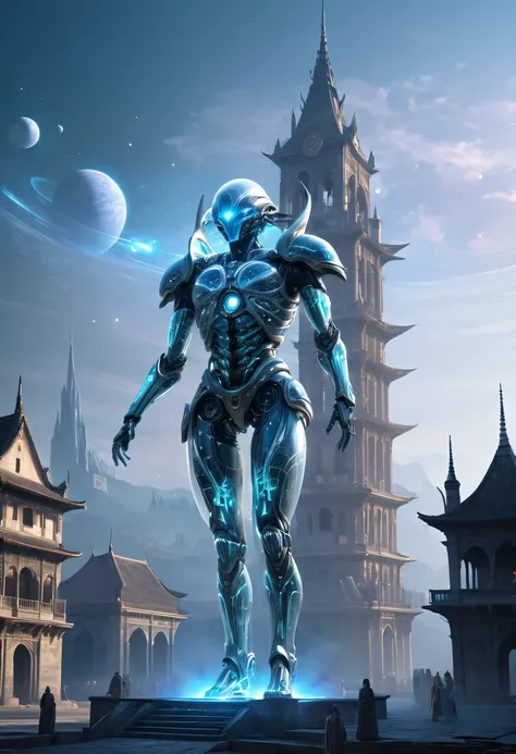 Translucent ethereal alien warrior，Spectacular high-tech space landscape,The integration of future technology and medieval cities,Medieval ancient palace,Medieval ancient bell tower,medieval antiquity,Translucent ethereal alien warrior，model shoot style, (...