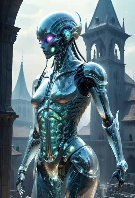 translucent ethereal alien warrior，spectacular high-tech space landscape,the integration of future technology and medieval citie...