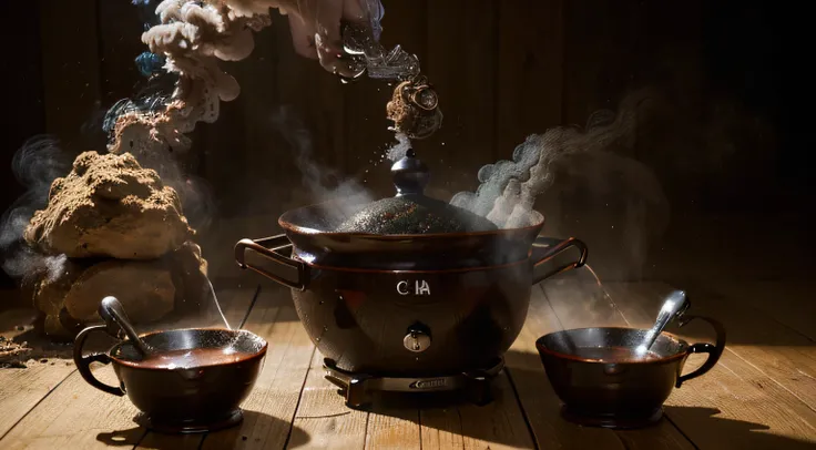 Imagem de (((Chá de Carqueja))), boiling in a pan with smoke coming from the burners, sendo colocado em copos transparentes, showing some of the ingredients of what it is made of. I really want clarity with every possible detail in this image.