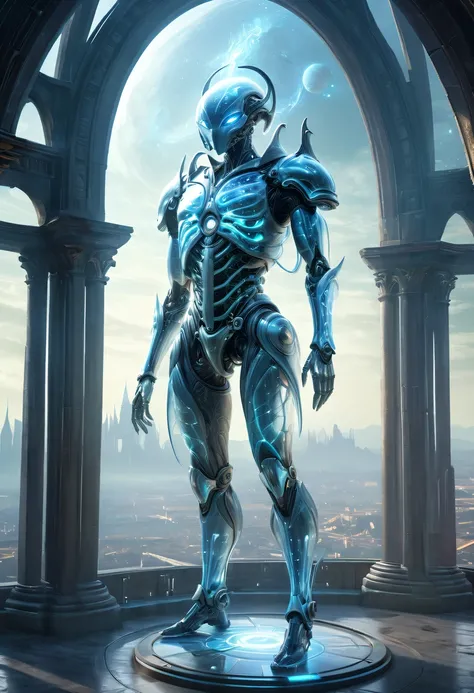 Translucent ethereal alien warrior，Spectacular high-tech space landscape,The integration of future technology and medieval cities,Medieval ancient palace,Medieval ancient bell tower,medieval antiquity,Translucent ethereal alien warrior，model shoot style, (...