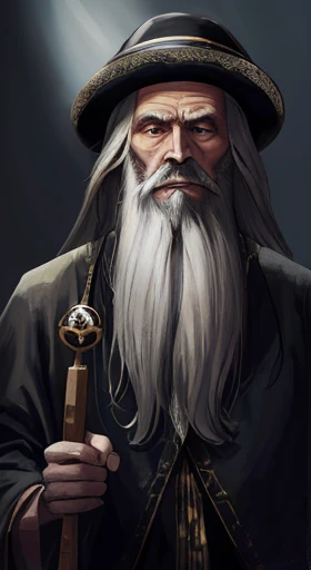 (Best quality,A high resolution,tmasterpiece:1.2),ultra - detailed,actual:1.37,A handsome man with a long beard,With a hat on,with magic wand。one old man,Clear portraits,calm expression,a wise elder,stunning portrait,beautiful portraits,calm expression,por...