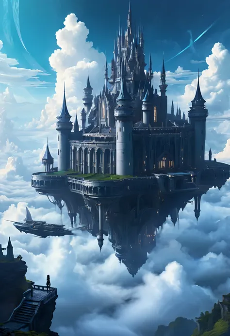 Above the clouds,Interstellar voyage,Huge high-tech floating Gothic castle,Above the clouds,Huge mobile Gothic castle,Floating Gothic castle,(Sea of Clouds:1.3),Futuristic female futuristic floating castle with futuristic futuristic floating castle backgro...