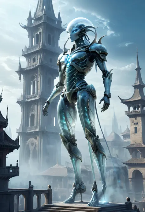 Translucent ethereal alien warrior，Spectacular high-tech space landscape,The integration of future technology and medieval cities,Medieval ancient palace,Medieval ancient bell tower,Translucent ethereal alien warrior，model shoot style, (extremely detaild的 ...