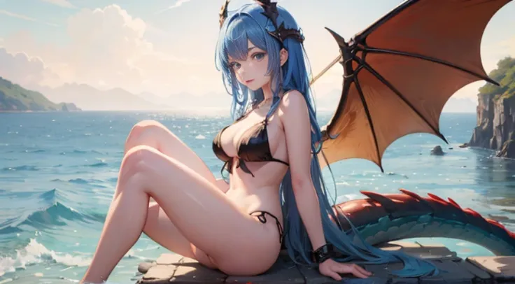 Absurd resolution, high resolution, (masterpiece: 1.4), super detailed, Depict an 18-year-old dragon girl radiating allure. NO wings, long, flowing, colorful blue hair cascading down her beautiful body. Emphasize her captivating eyes, naked body. beautiful...