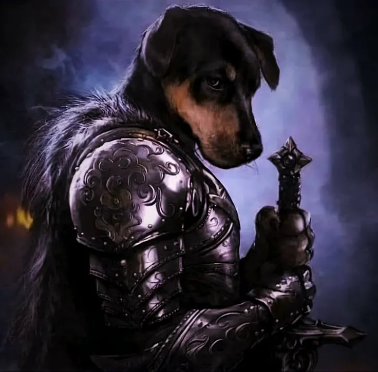 there is a dog that is dressed in armor holding a sword, by Ivan Meštrović, by Ivan Mrkvička, by Izidor Kršnjavi, husky in shiny armor, by Pogus Caesar, maximus jacobs, as a medieval fantasy character, by Vladimir Novak, by Tadeusz Pruszkówski