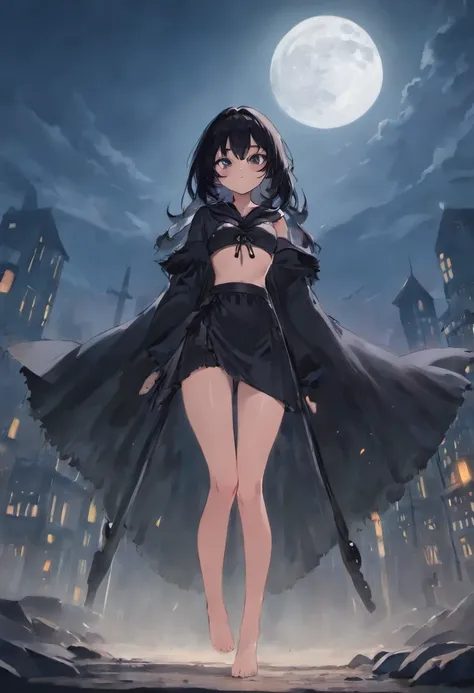 girl, ((long black hair)), ((show underwear)), black bikini, (black skirt), long black cloak, samurai sword, (gunholster), (sexy pose), big moon, dramatic landscape, night, (long black bootidriff)