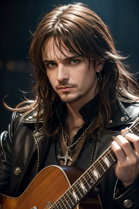 best quality,photorealistic,close-up portrait,expressive eyes,detailed features,facial hair,fierce look,rockstar style,guitar,stage lighting,vivid colors,dark background, Tobias Sammet, avantasia Singer