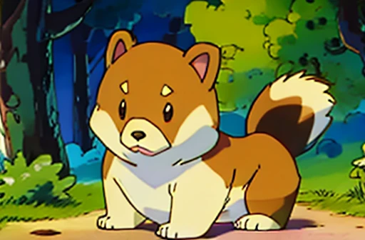 White and tan pembroke welsh corgi sitting like a bear. pokemon card style. forest background.