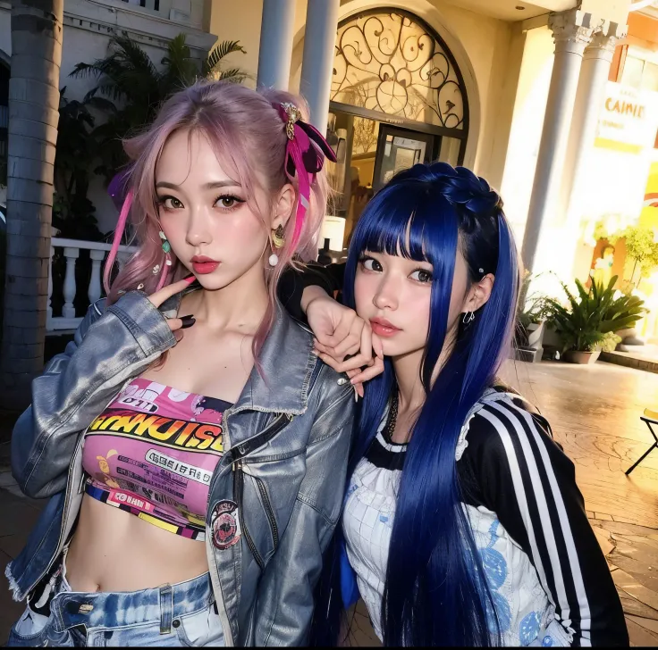 duas mulheres com cabelos azuis e rosa posando para uma foto, Nixeu e Sakimichan, 8 0 s vibe anime, KDA e Sam Yang, Ayami Kojima e Lyde Caldwell, cabelo harajuku, anime vibes, Estilo anime dos anos 90, 9 0 s estilo anime, Sakimichan e Frank Franzzeta