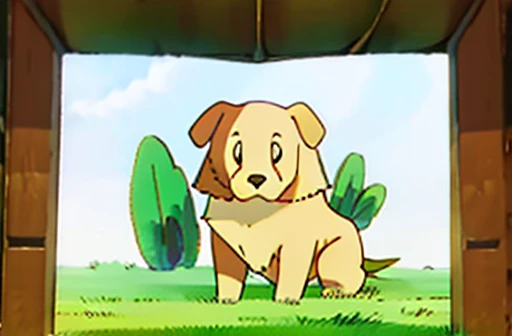 English cream color Golden retriever in the style of generation 2 pokemon card art. grass background