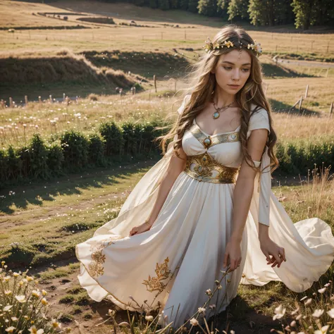 [Create a visual representation of Freyja, the Germanic goddess associated with love, fertility, beauty, war, and magic. Physical Appearance: Portray Freyja as a goddess of great beauty, with prominent feminine features. Soften your features to convey sere...