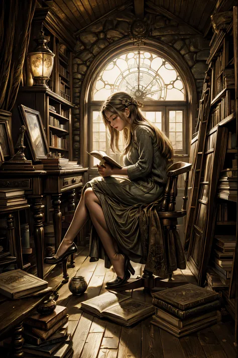 "Photorealistic painting, ((captivating)) scene of a girl absorbed in reading, antique books, cozy hobbit cave, intricate clock with moving gears, ((nostalgic)), detailed, warm palette"