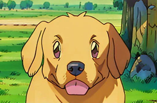 golden retriever in the style of pokemon. grass background