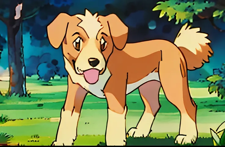 golden retriever in the style of pokemon. grass background