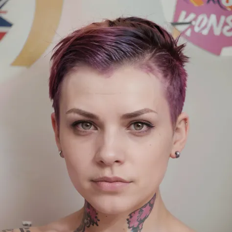 beautiful punk woman with a coloured mohawk and shaved underside hairstyle wearing a union jack crop top, piercings,intense eye ...