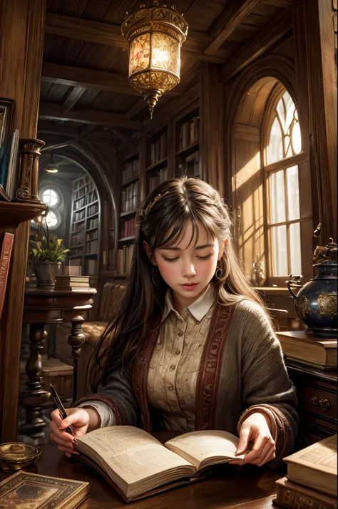 "photorealistic painting, ((captivating)) scene of a girl absorbed in reading, antique books, cozy hobbit cave, intricate clock ...