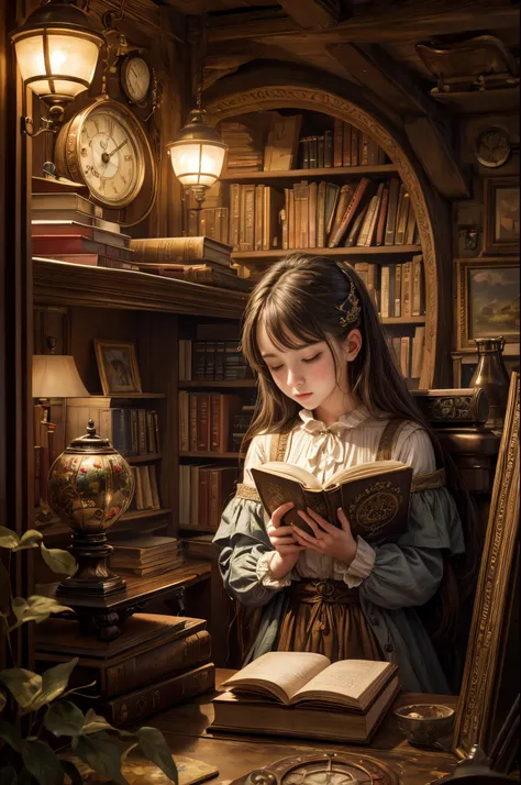 "photorealistic painting, ((captivating)) scene of a girl absorbed in reading, antique books, cozy hobbit cave, intricate clock ...