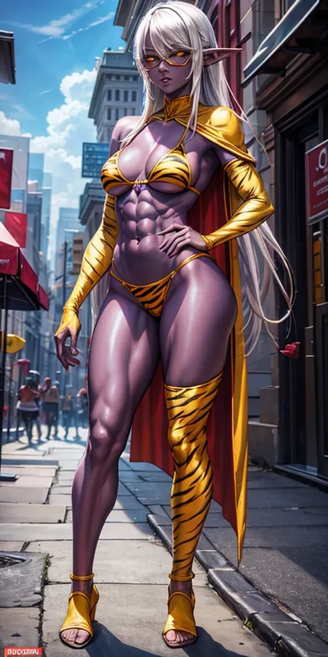 Full body, masterpiece, female drow elf purple skin standing pose (yellow tiger bikini), red cape, red bikini, long white hair, strong body, abs, Ultra Quality, Shiny Skin, Atmospheric, 8K, Cinematic, ((Street background)), BREAK, Sunglasses