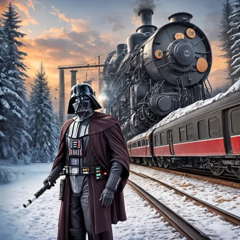 Darth Vader with a Santa Claus hat, holding his lightsaber in a snowy scene filled with trees, with a train passing behind him in the background. --auto --s2