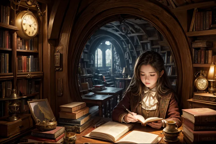 "Photorealistic painting, ((captivating)) scene of a girl absorbed in reading, antique books, cozy hobbit cave, intricate clock with moving gears, ((nostalgic)), detailed, warm palette"