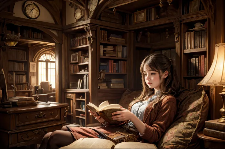 "photorealistic painting, ((captivating)) scene of a girl absorbed in reading, antique books, cozy hobbit cave, intricate clock ...