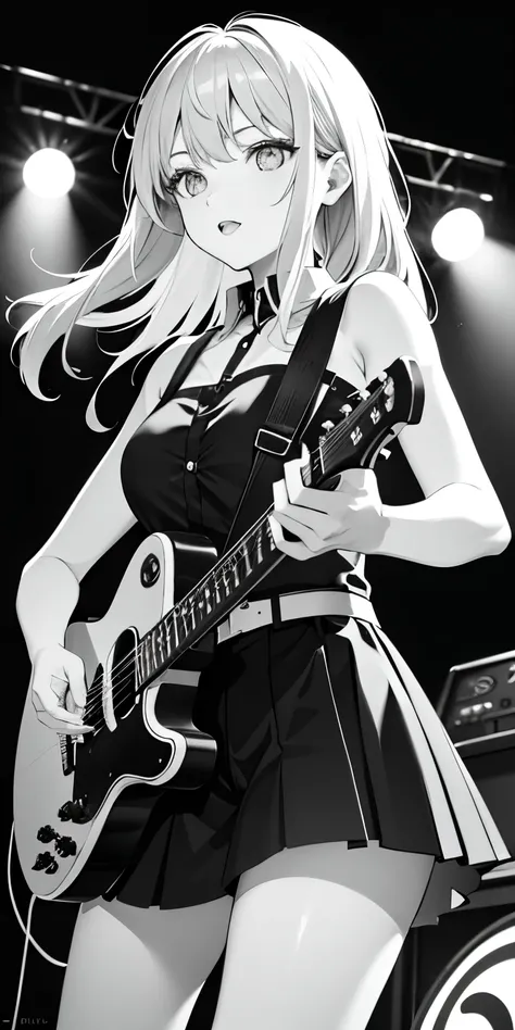 black and white girl playing guitar at the stage